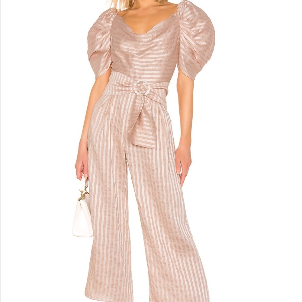 C/MEO Collective Through You Square Neck Puff Sleeve Wide Leg Stripe Jumpsuit L